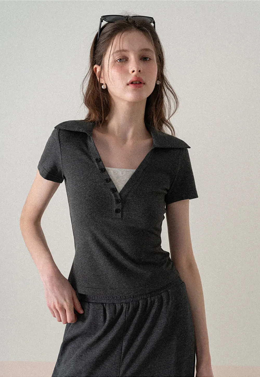 Polo shirt with buttons and wide leg casual pants