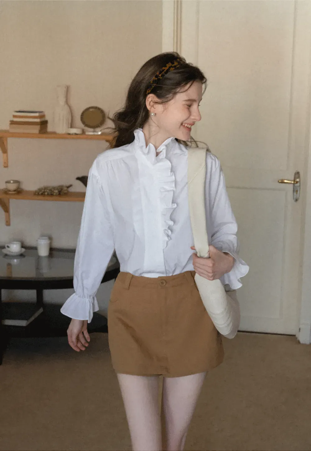 Elegant Ruffled Collar Blouse with Flared Cuffs