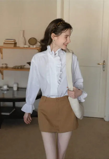 Elegant Ruffled Collar Blouse with Flared Cuffs