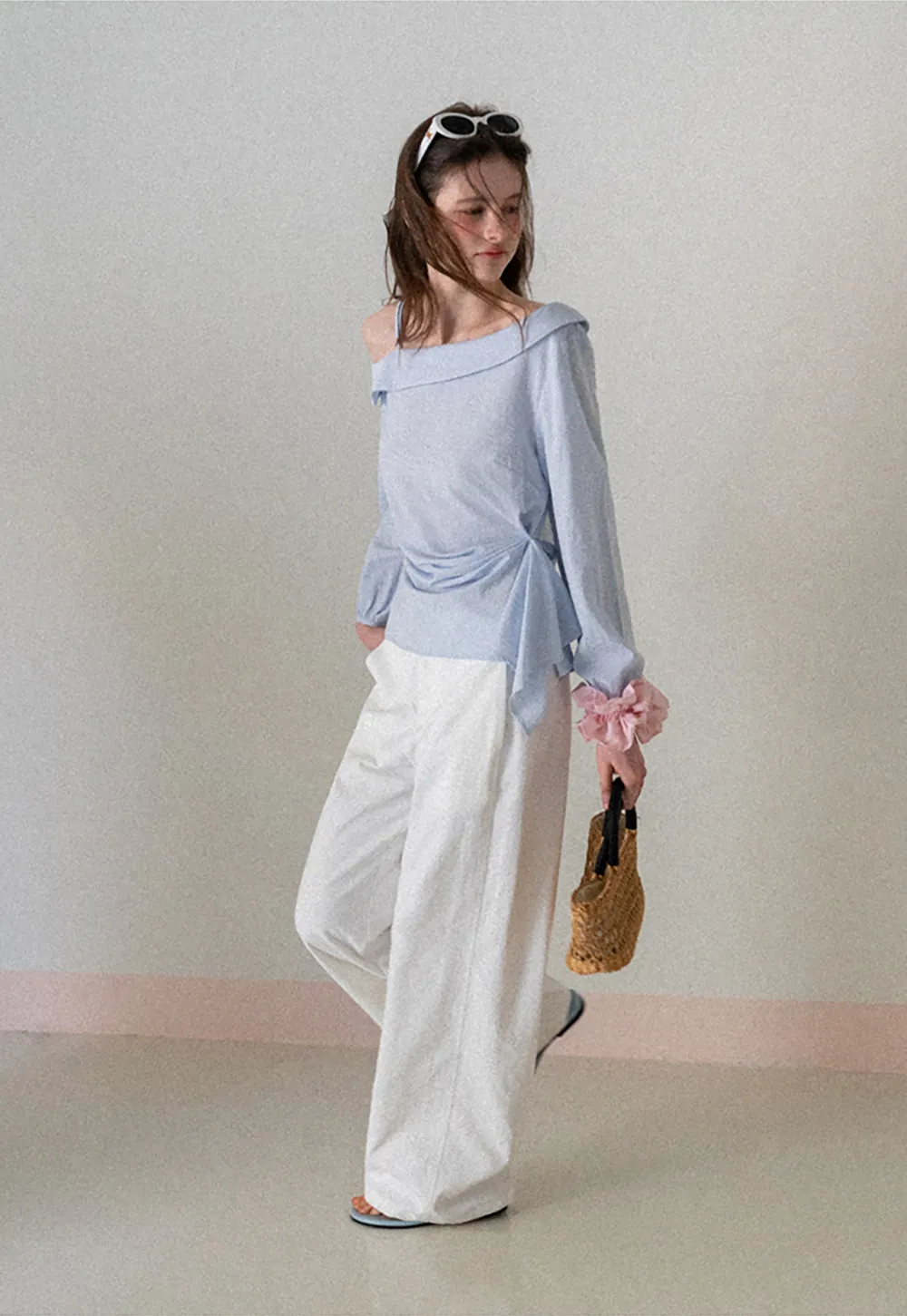 Off Shoulder Shirt with Ruched Sleeve Detail