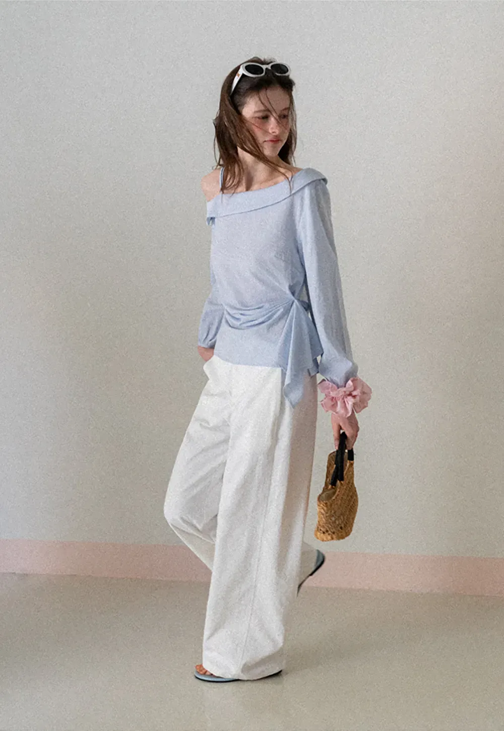 Off Shoulder Shirt with Ruched Sleeve Detail