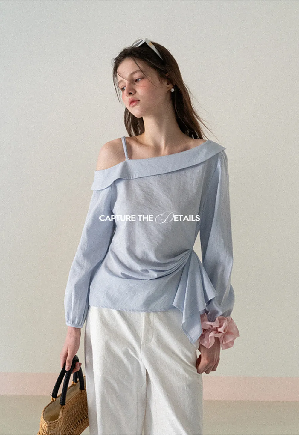 Off Shoulder Shirt with Ruched Sleeve Detail