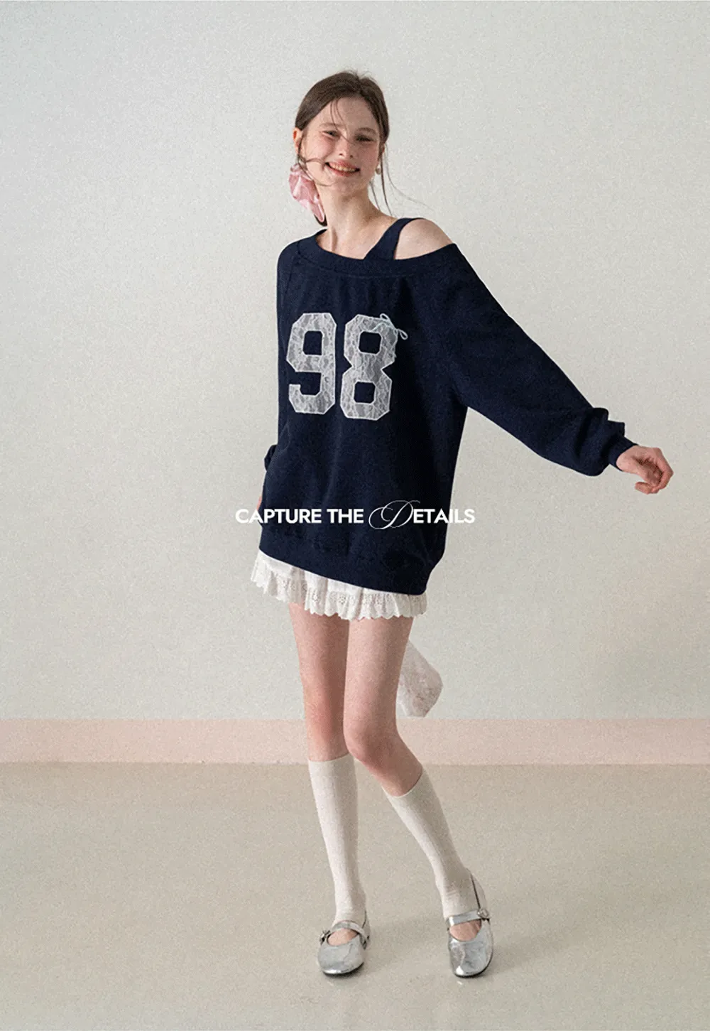 Off Shoulder Sweatshirt with Lace Number Print