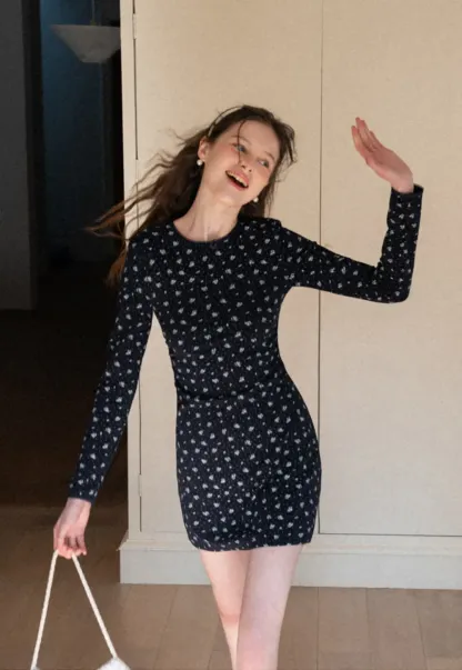 Long Sleeve Floral Print Dress with Cross Neck Detail