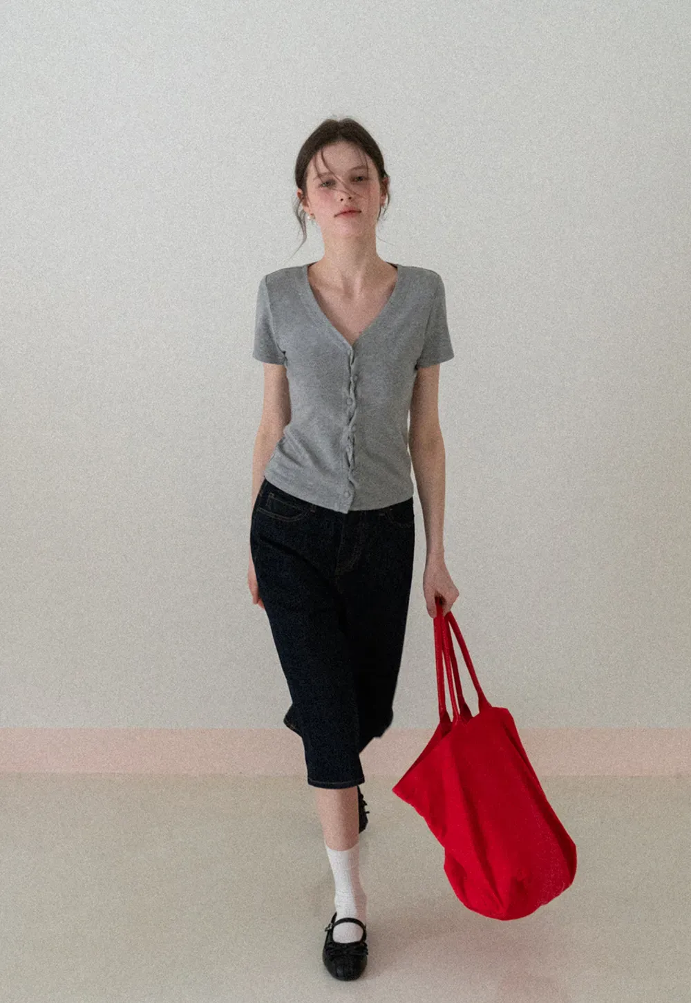 V neck short sleeve button front top