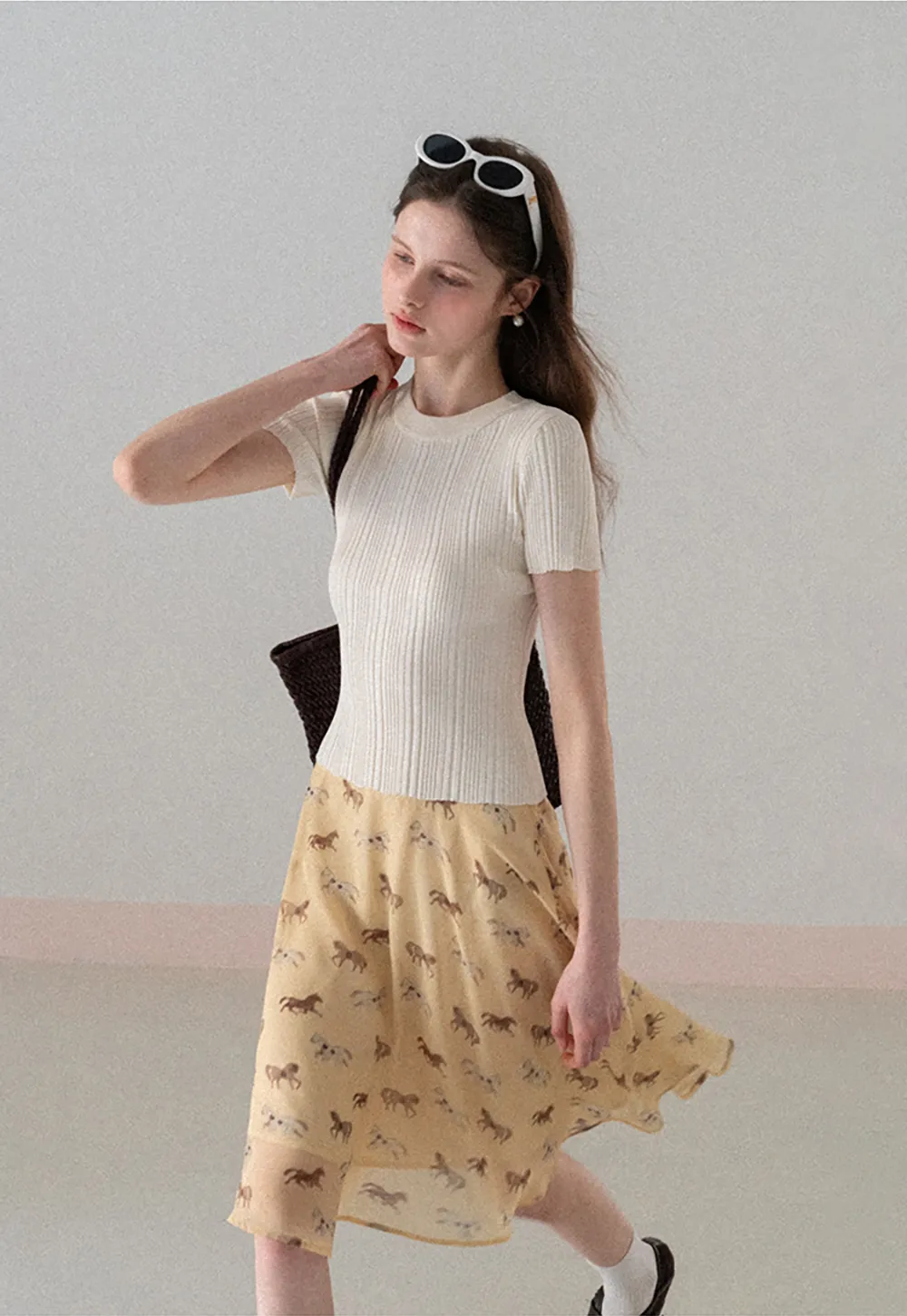 Ribbed Knit Short Sleeve Crew Neck Sweater