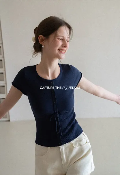 Short Sleeve Knit Cardigan with Front Buttons and Waist Tie