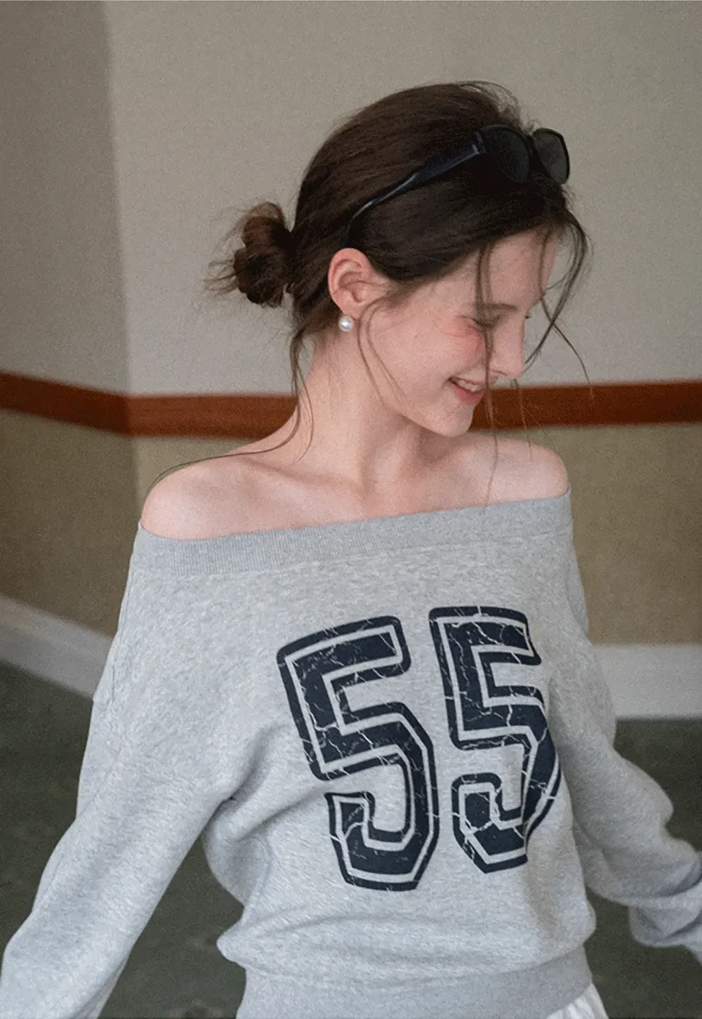 Off Shoulder Sweatshirt with Number Print