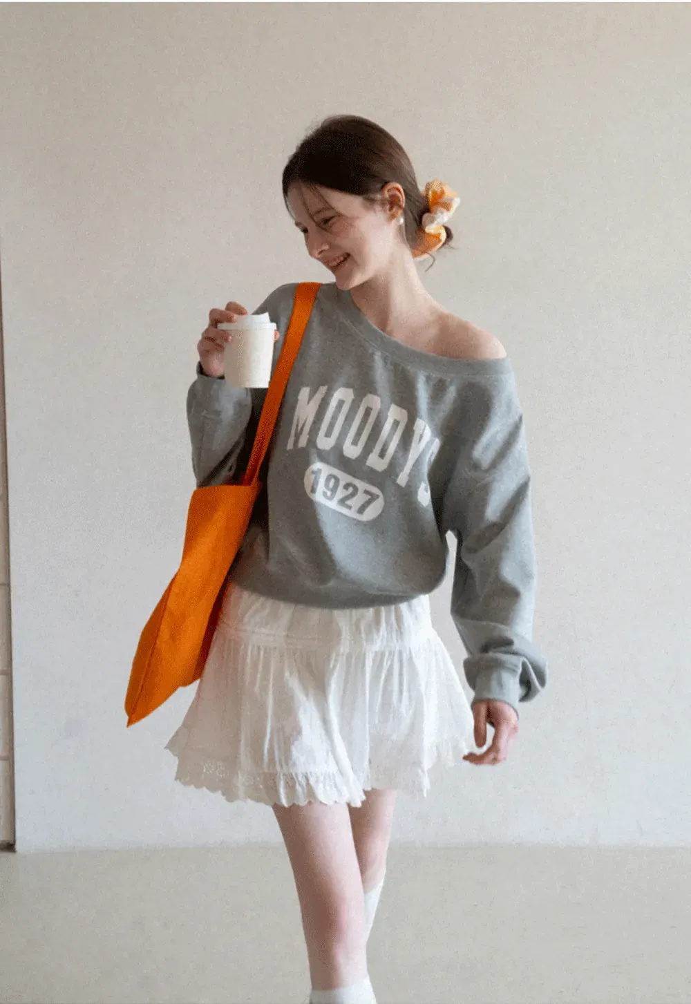Gray Off Shoulder Sweatshirt with Bold Lettering and Year Print