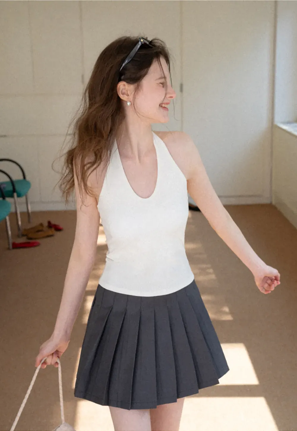 V neck halter tank top with fitted silhouette