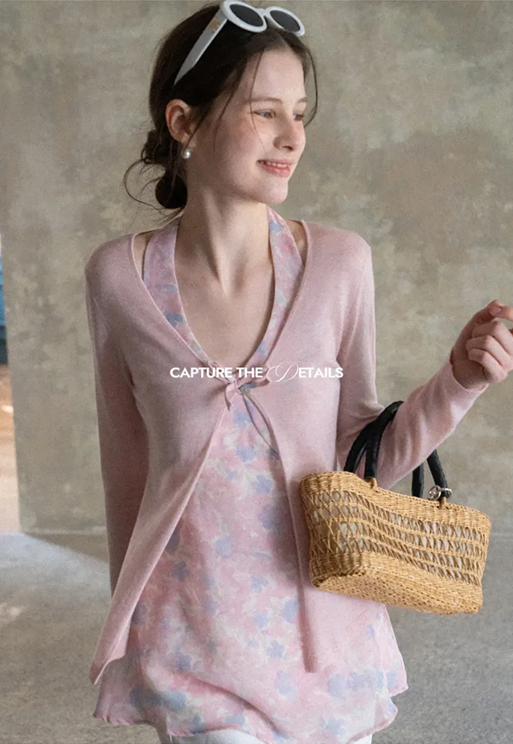 Woolen knit sweater with tie front and floral tank top