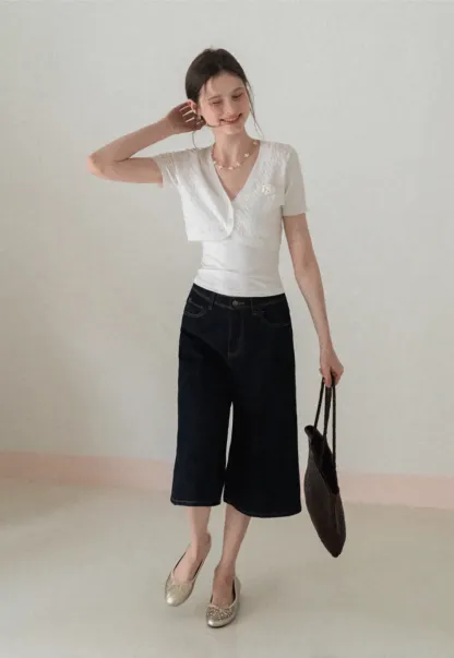 Short Sleeve Cable Knit Cardigan with Button Closure