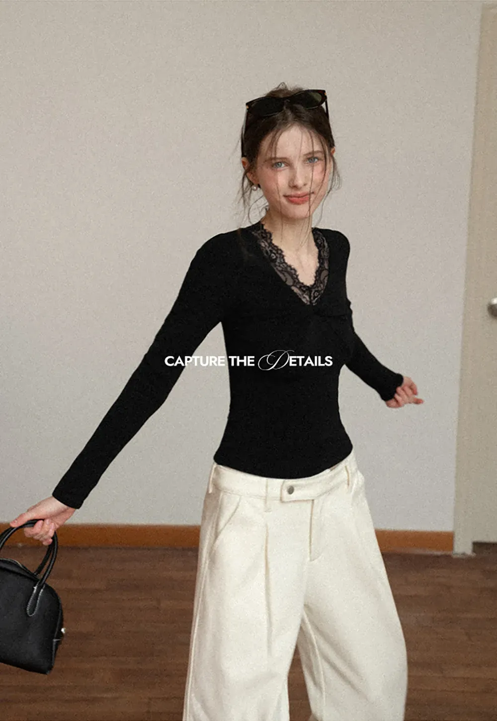 Elegant Black Lace-Trimmed Long Sleeve Top