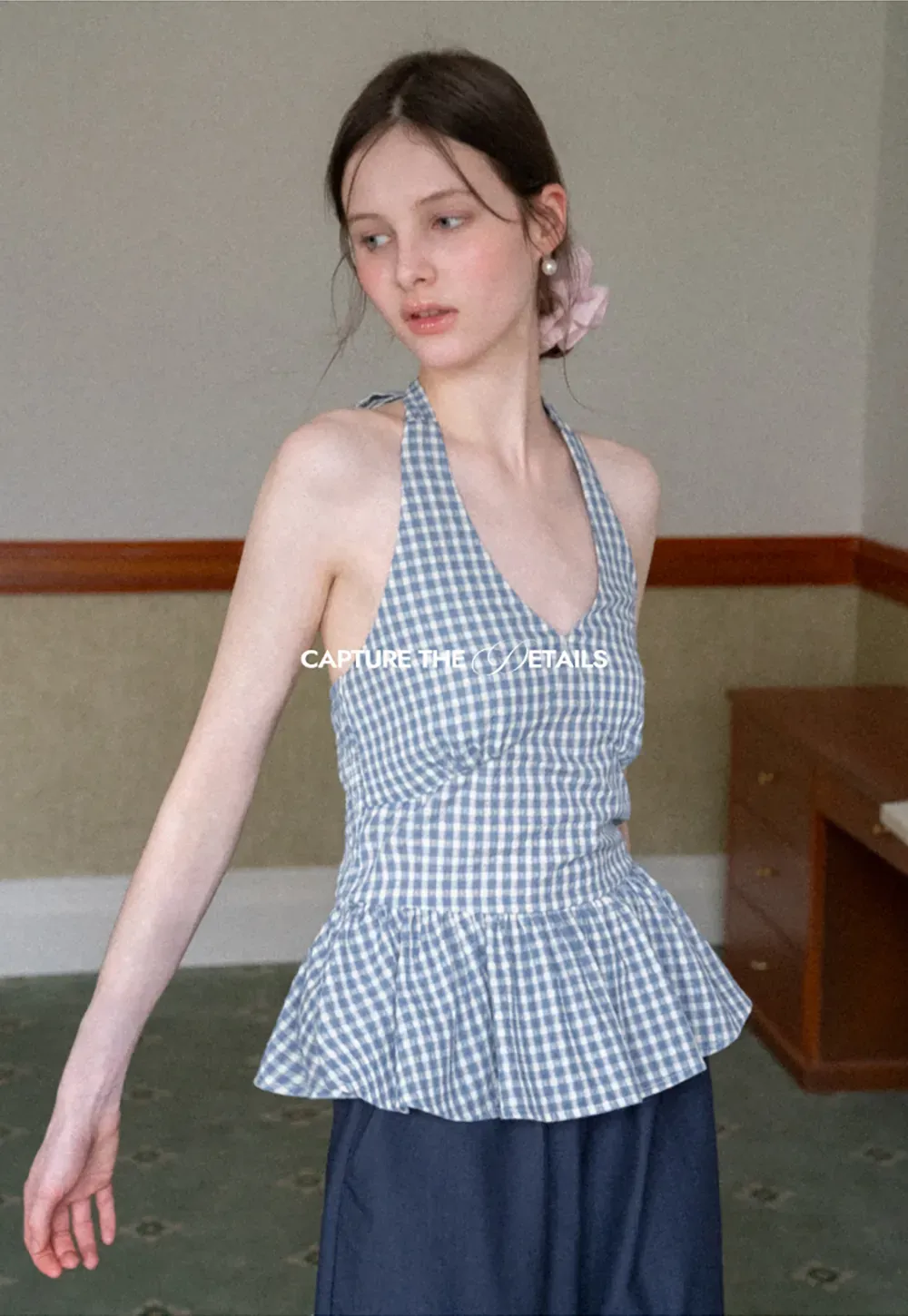 Gingham Halter Neck Peplum Top