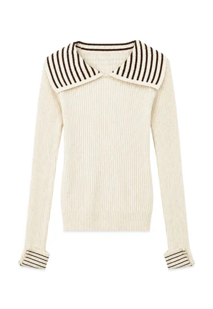 Striped Collar Ribbed Knit Sweater