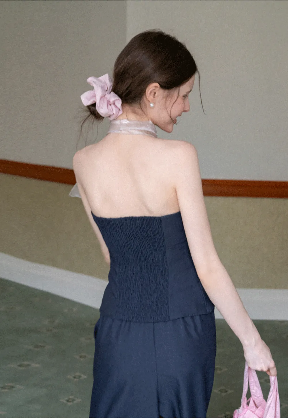 Strapless top with sheer neck tie and loose fit pants