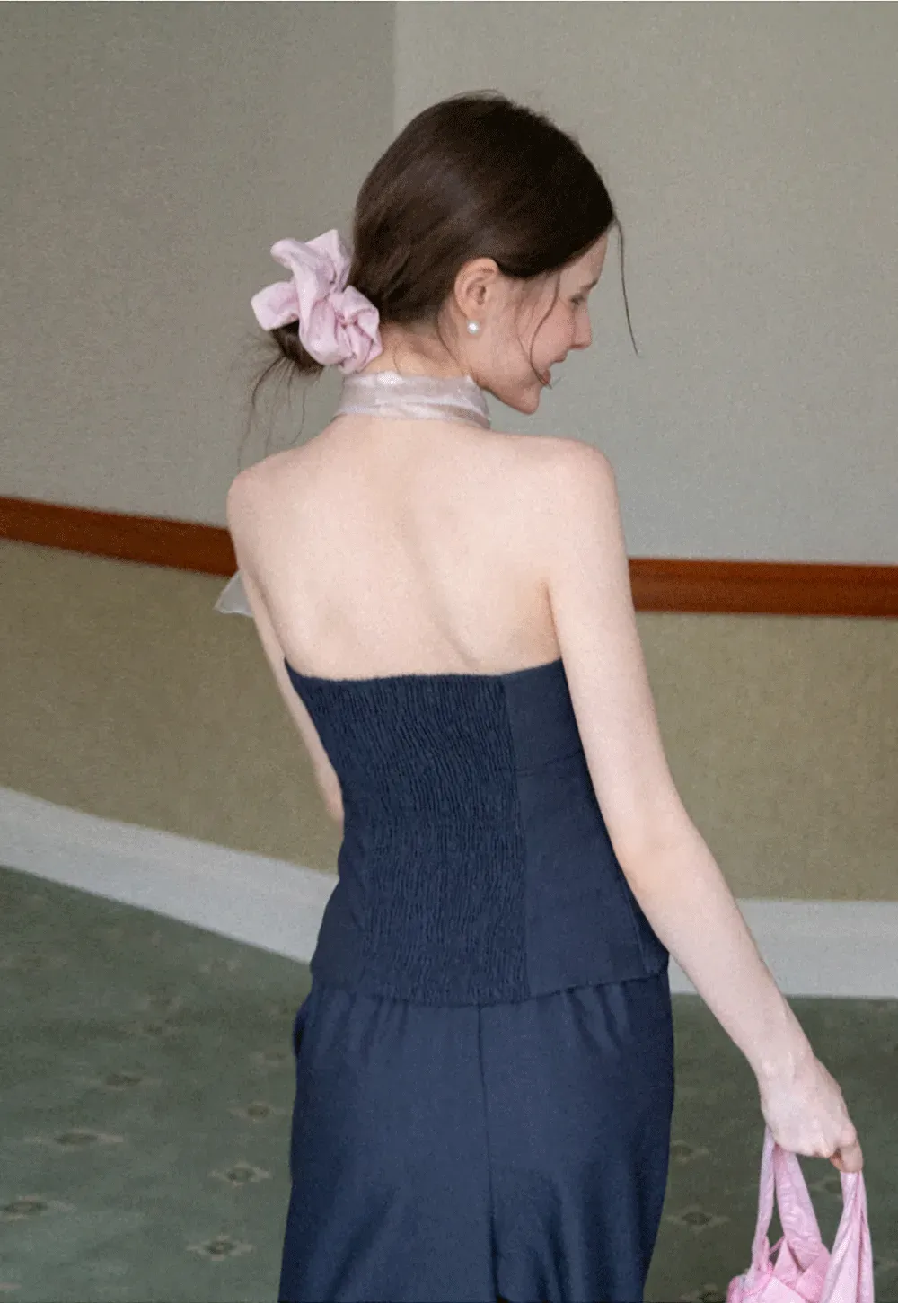 Strapless top with sheer neck tie and loose fit pants