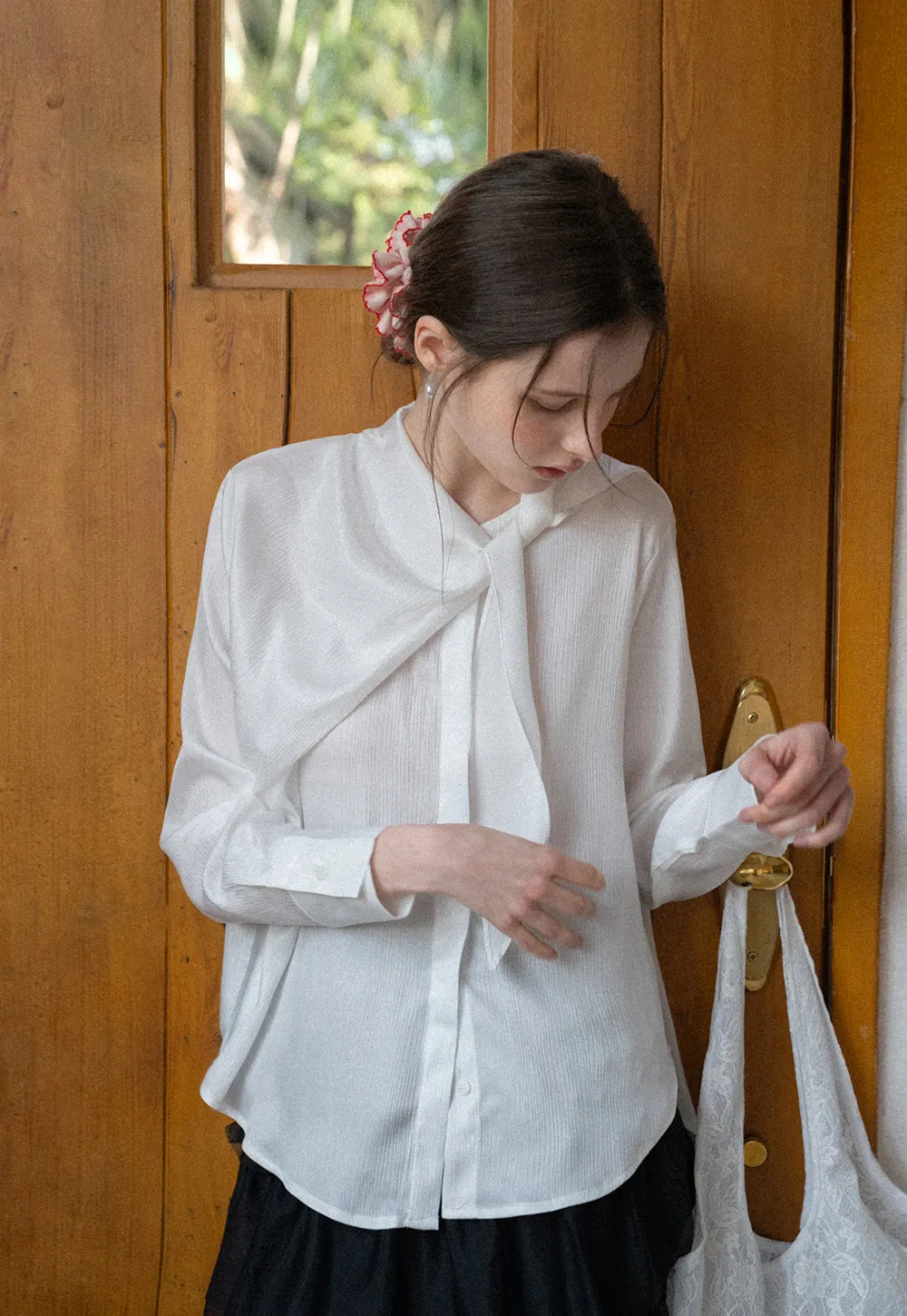 Ribbed Long Sleeve Shirt with Tie Neck Detail