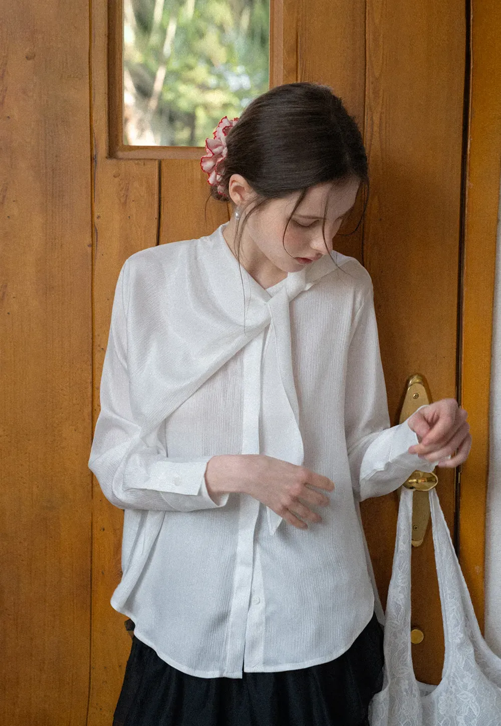 Ribbed Long Sleeve Shirt with Tie Neck Detail