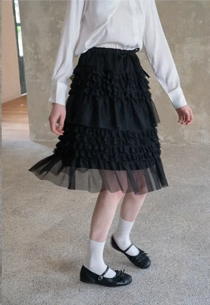 Tiered Ruffled Sheer Skirt with Drawstring Waist