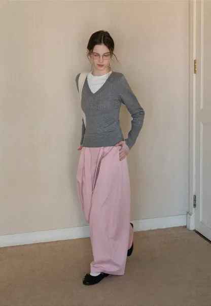 Wide leg pleated casual pants with tie waist design