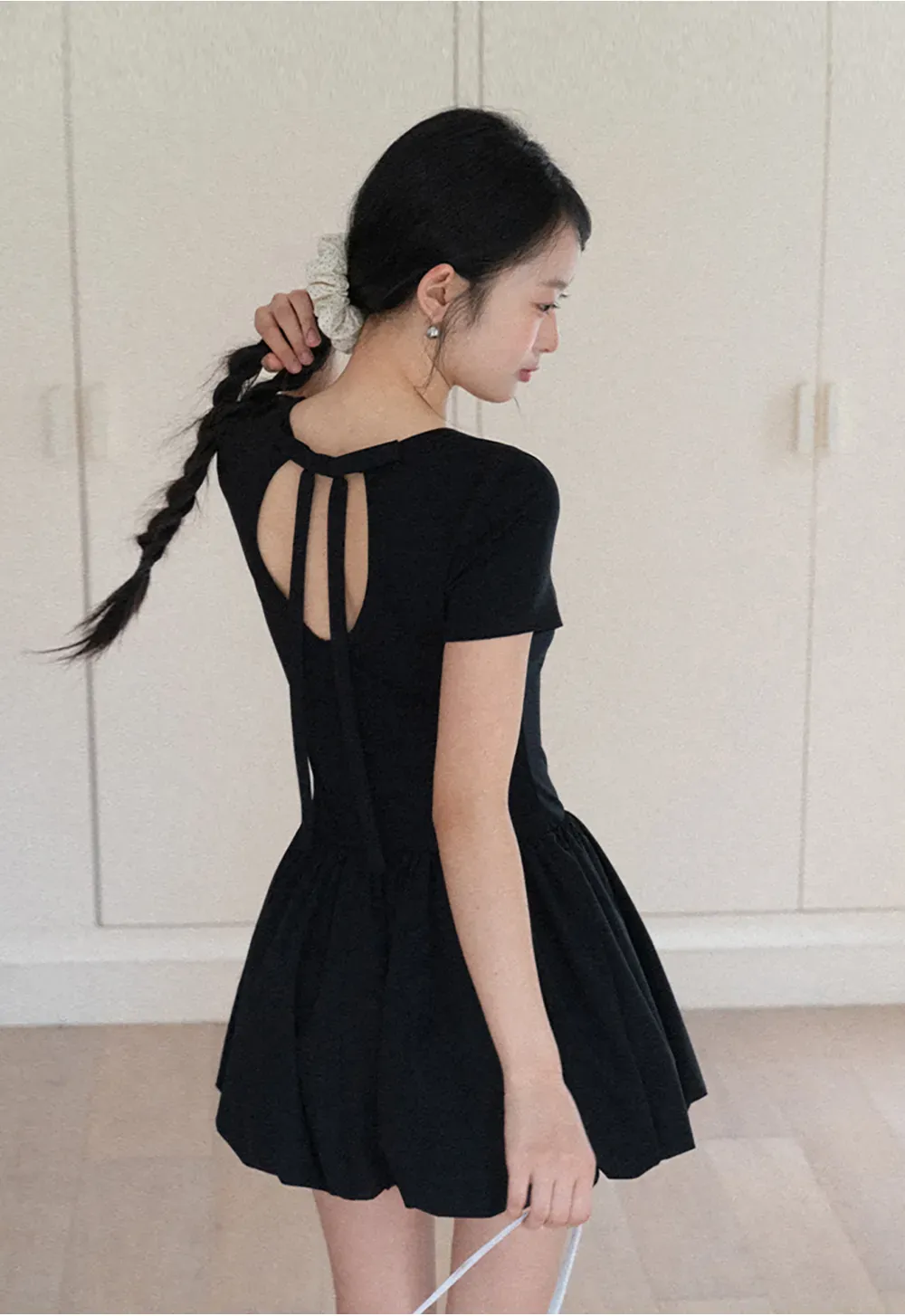 Short Sleeve Dress with Back Cutout and Bow Detail