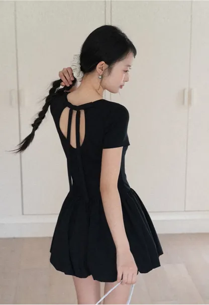 Short Sleeve Dress with Back Cutout and Bow Detail