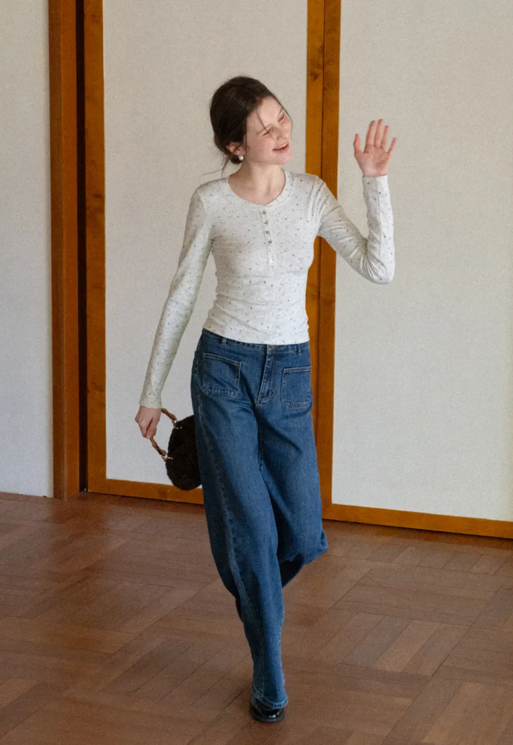 Long sleeve button front top with floral print