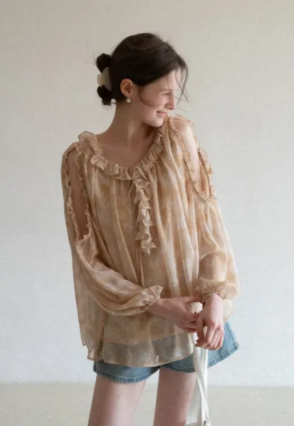Lace Chiffon Blouse with Ruffled Neck and Sleeves