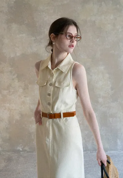 Sleeveless Collared Button Front Midi Dress