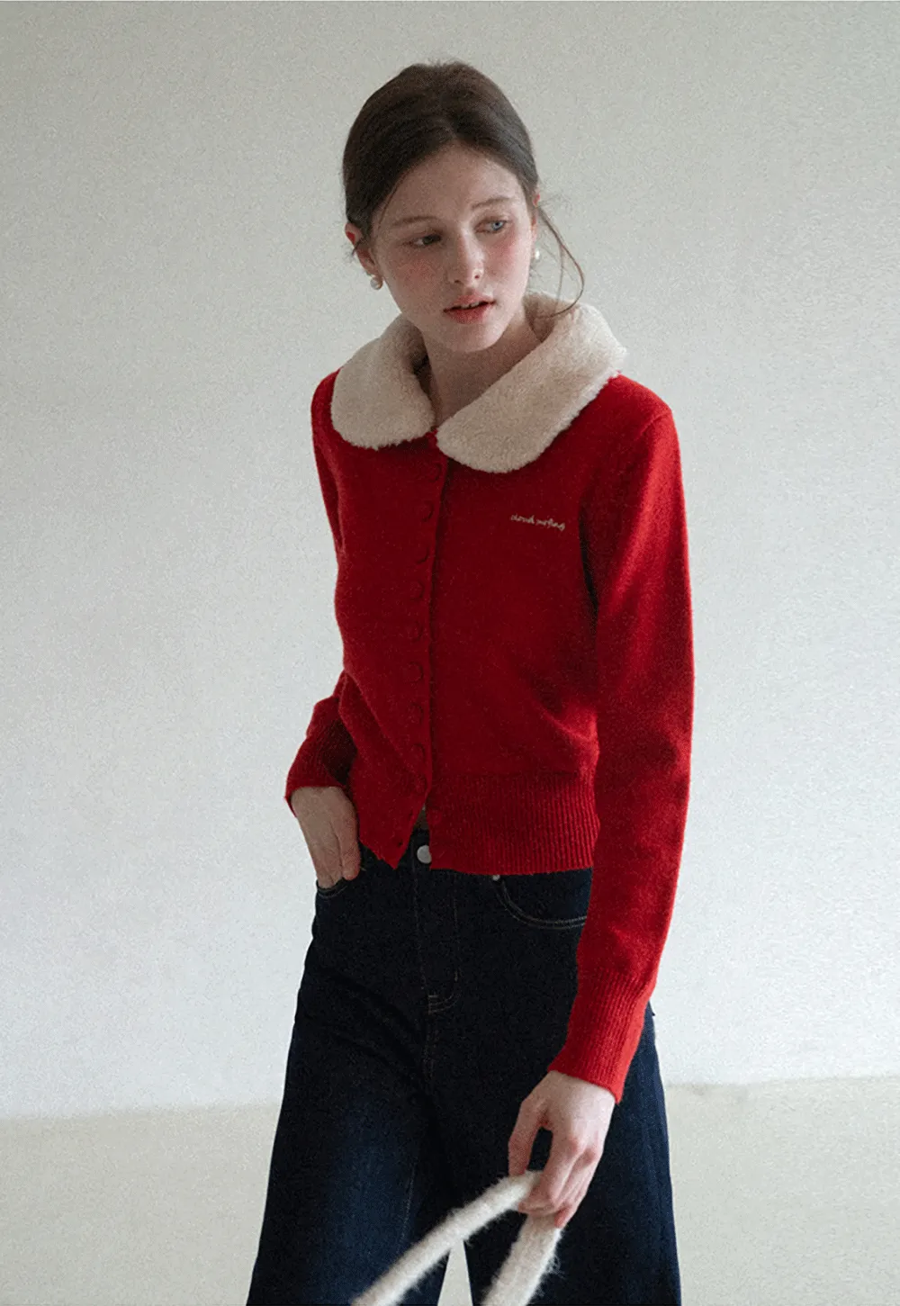 Soft Collar Knit Cardigan with Embroidery Design