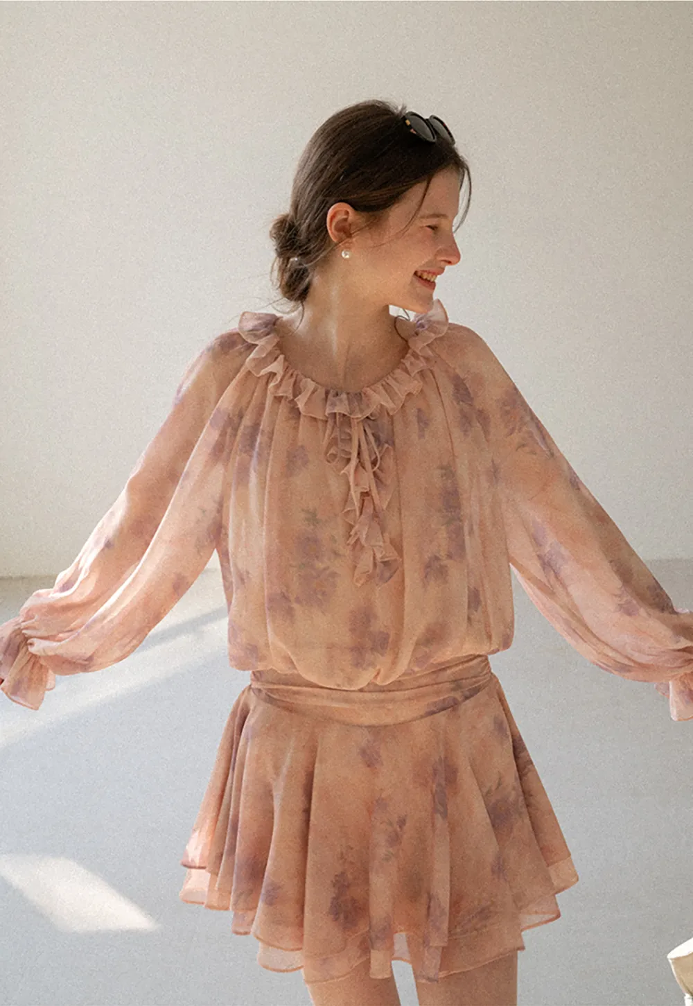 Floral Print Ruffled Neck Long Sleeve Dress