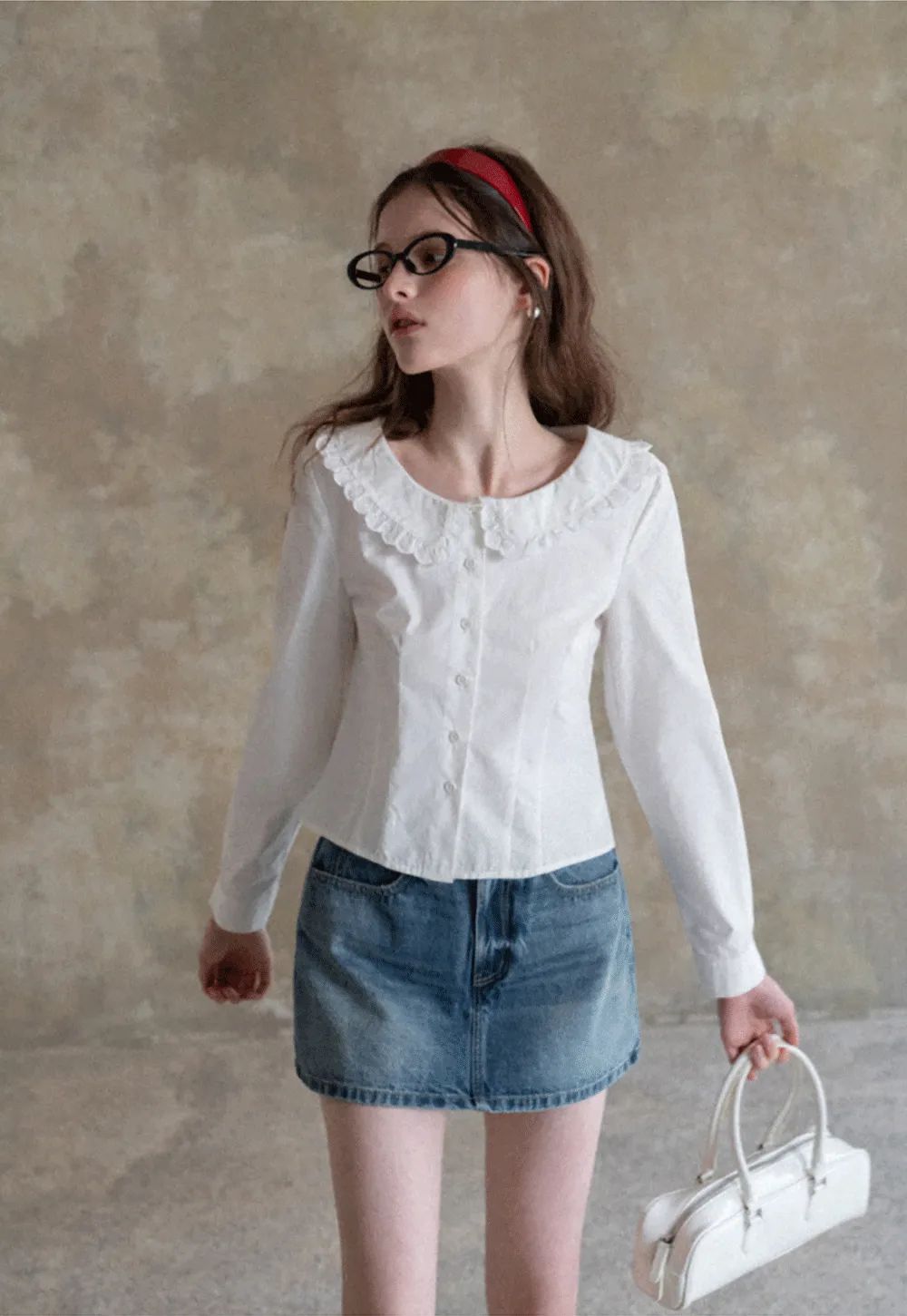 Long sleeve button front shirt with lace collar