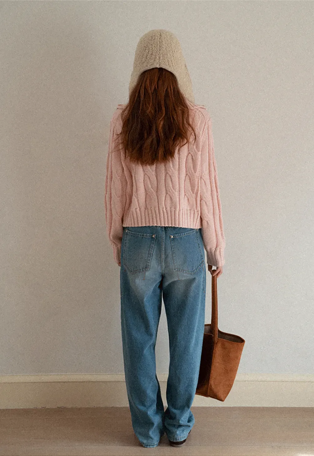 Cable Knit Turtleneck Sweater with Ribbed Sleeves and Hem