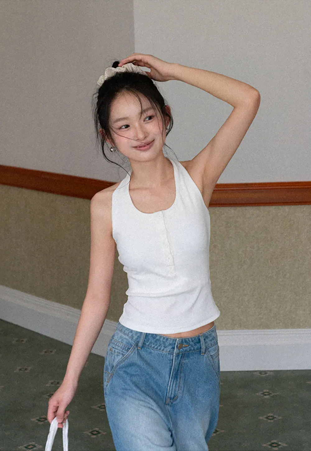 Sleeveless Halter Neck Top with Front Placket