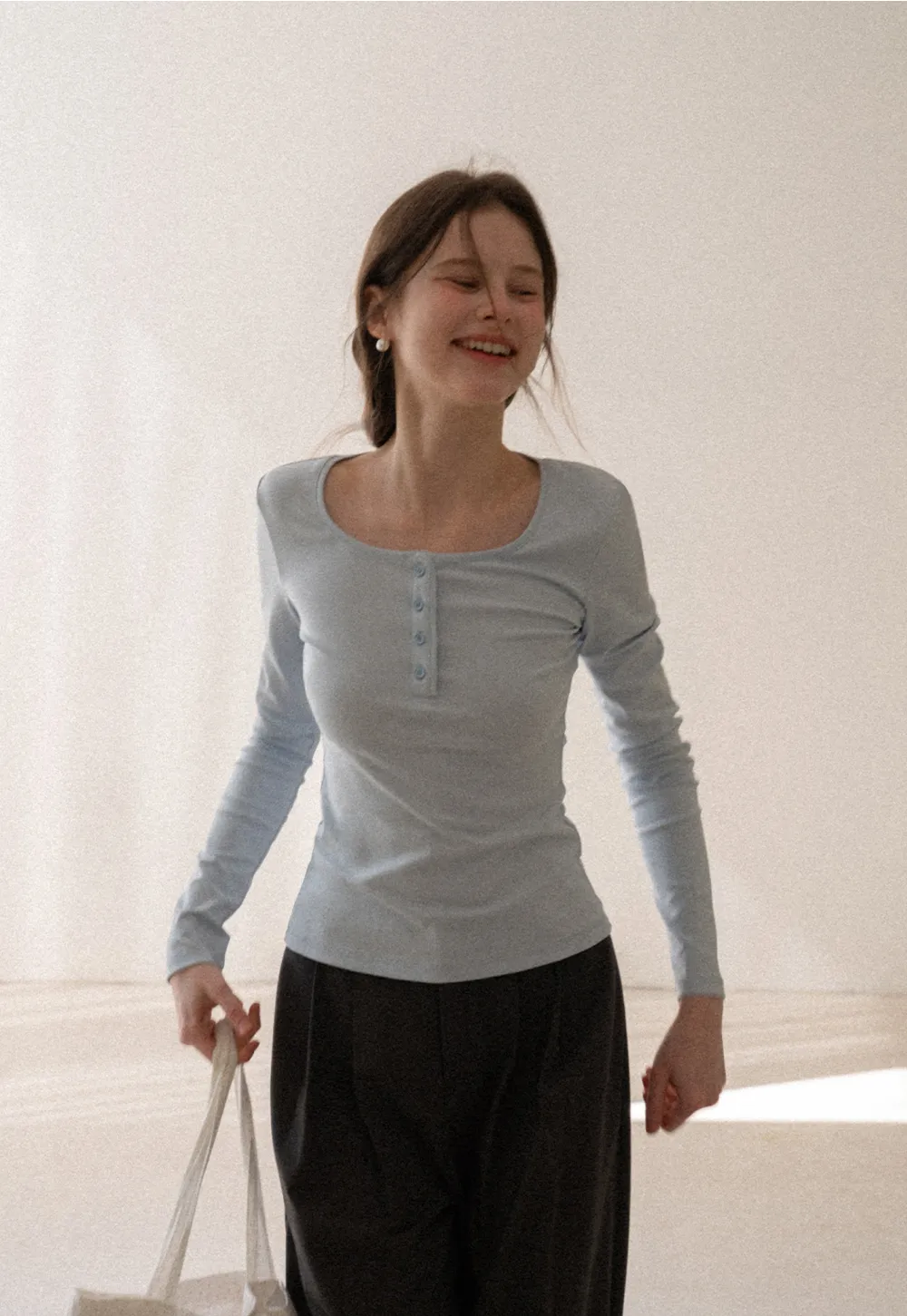 Long sleeve henley top with front buttons