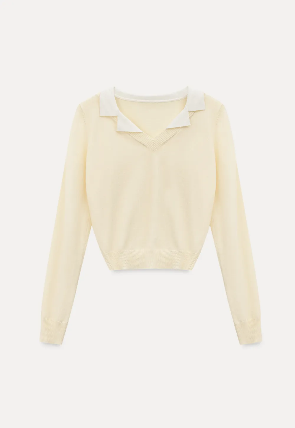 V Neck Knit Sweater with Contrast Collar