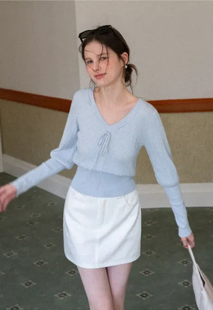 V Neck Knit Sweater with Front Tie Detail