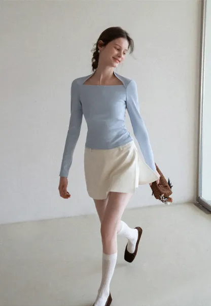 square neck long sleeve top fitted design women's t shirt