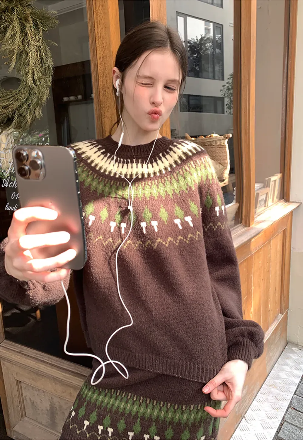 Woolen Knit Sweater and Skirt Set with Pattern Design