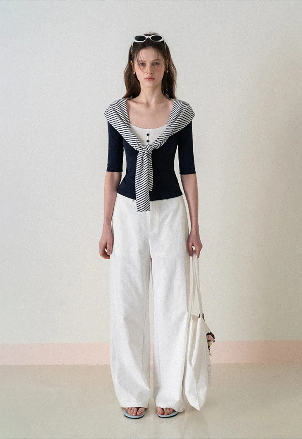 Striped collar tie front short sleeve top