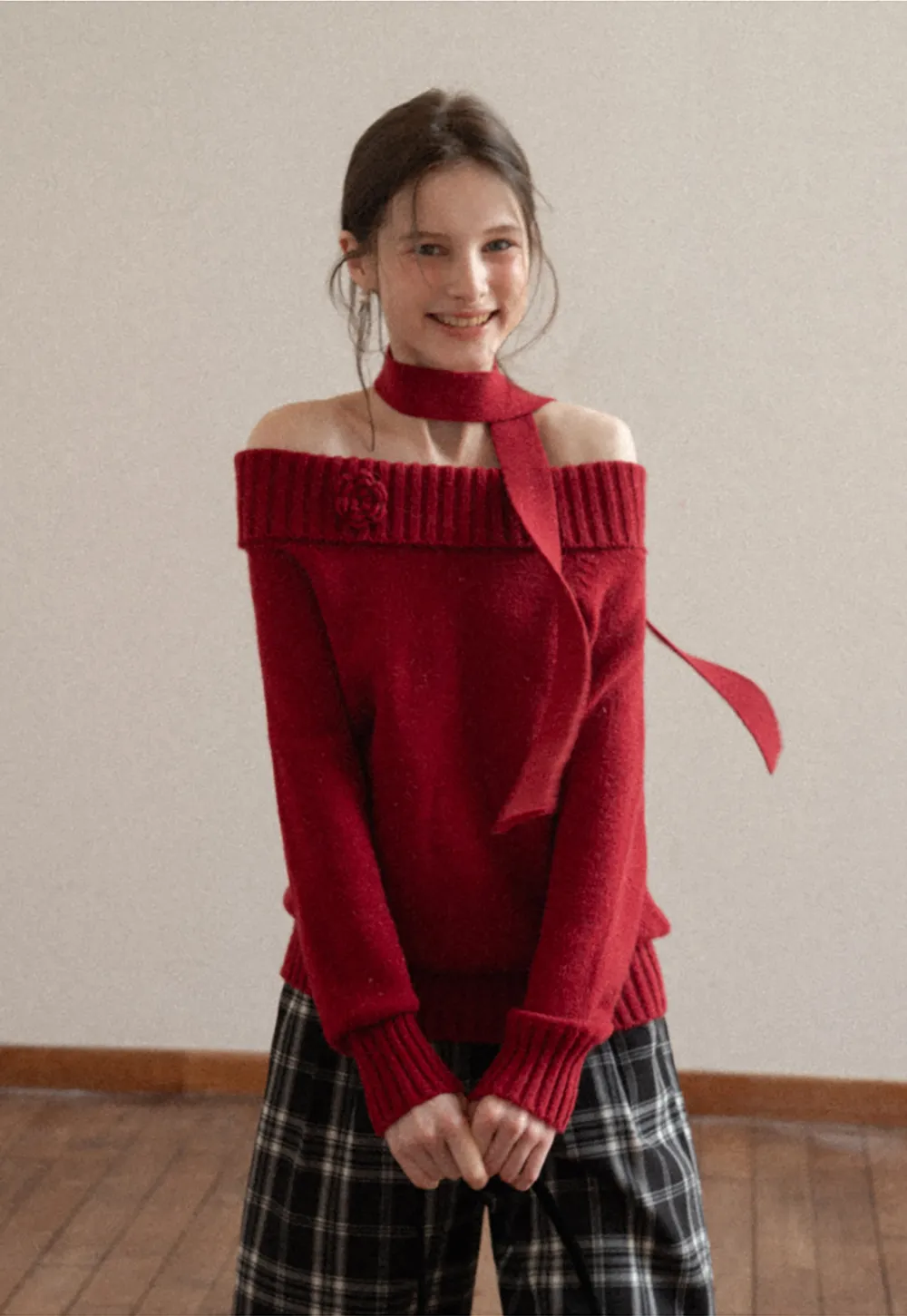 Elegant High Neck Knit Sweater with Tie Detail