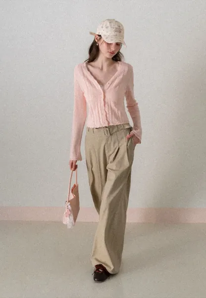 Wide Leg Pleated Casual Pants with Belt