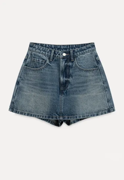 Denim Mini Skirt with Front Pocket and Frayed Hem