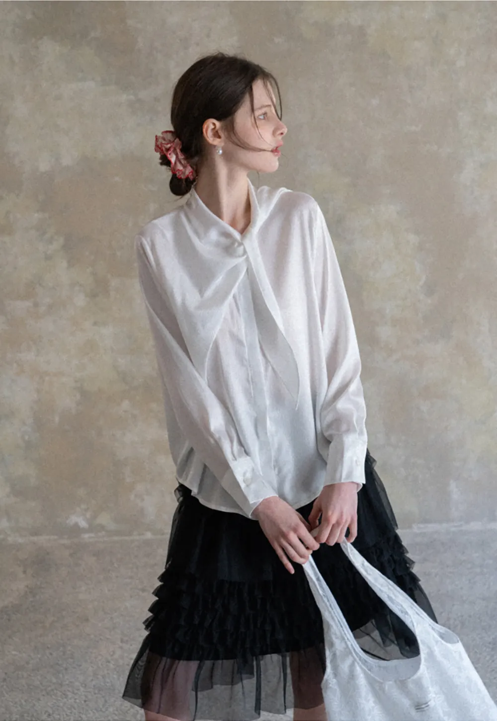 Ribbed Long Sleeve Shirt with Tie Neck Detail