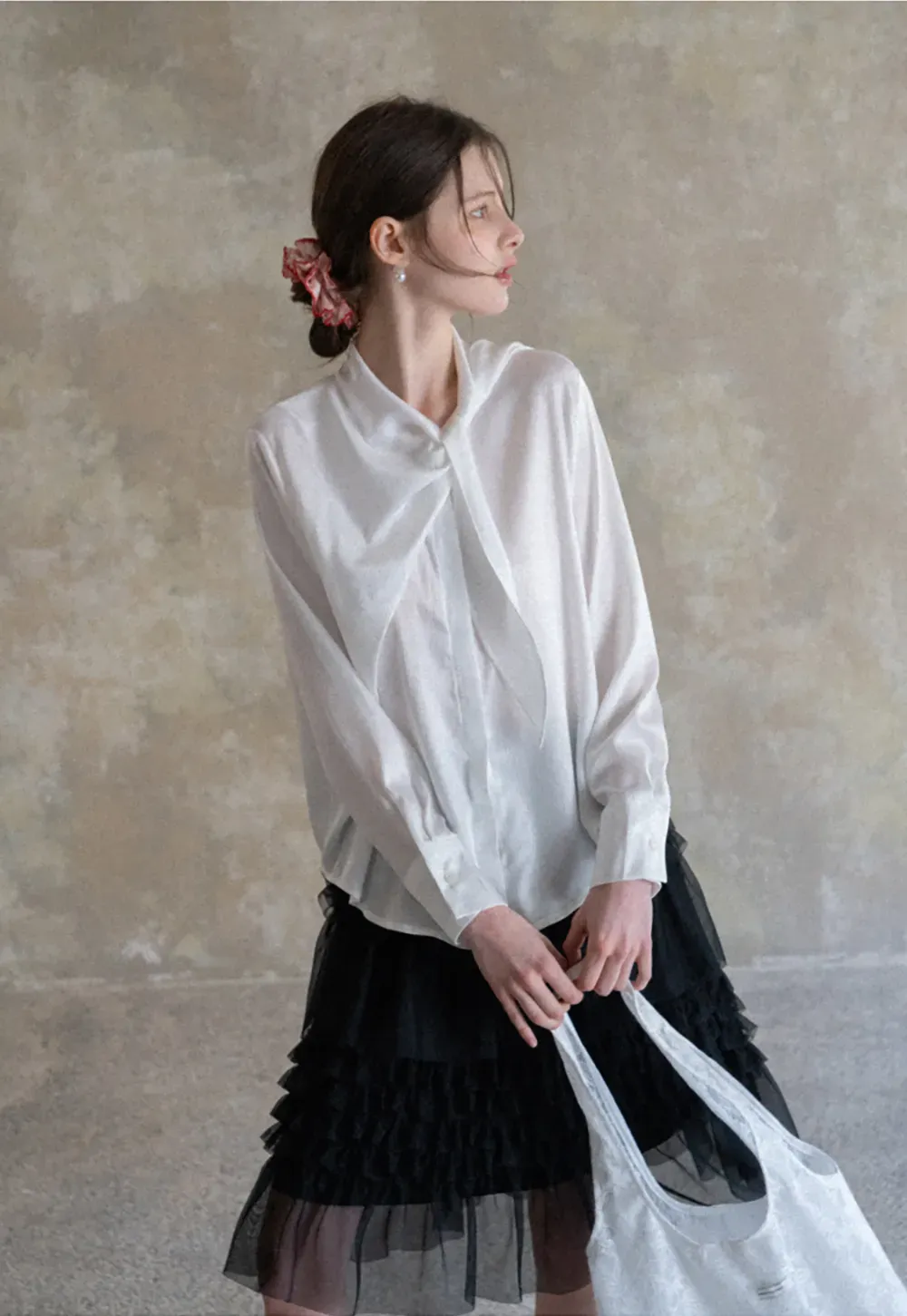 Ribbed Long Sleeve Shirt with Tie Neck Detail