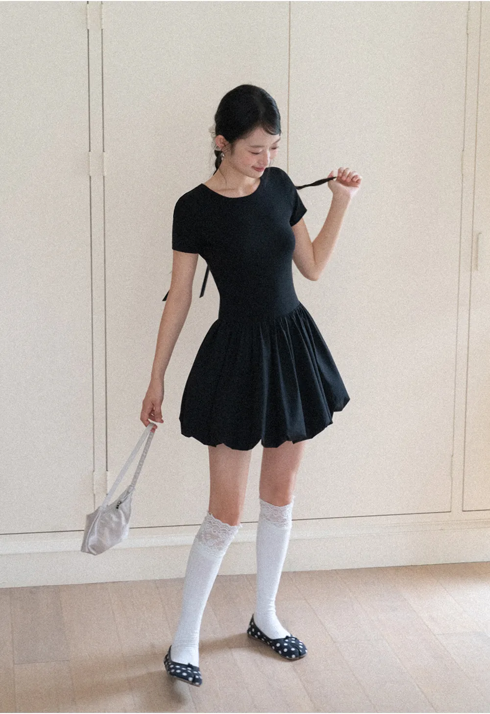 Short Sleeve Dress with Back Cutout and Bow Detail