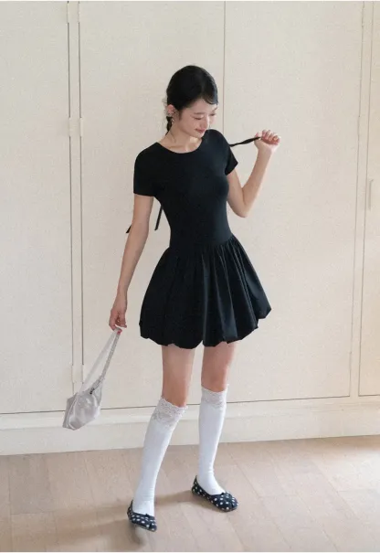 Short Sleeve Dress with Back Cutout and Bow Detail