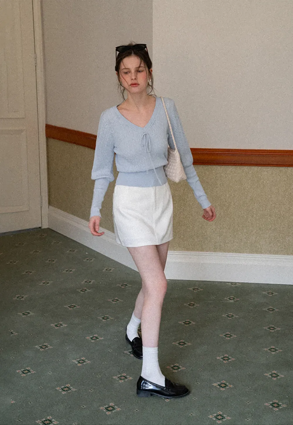 V Neck Knit Sweater with Front Tie Detail