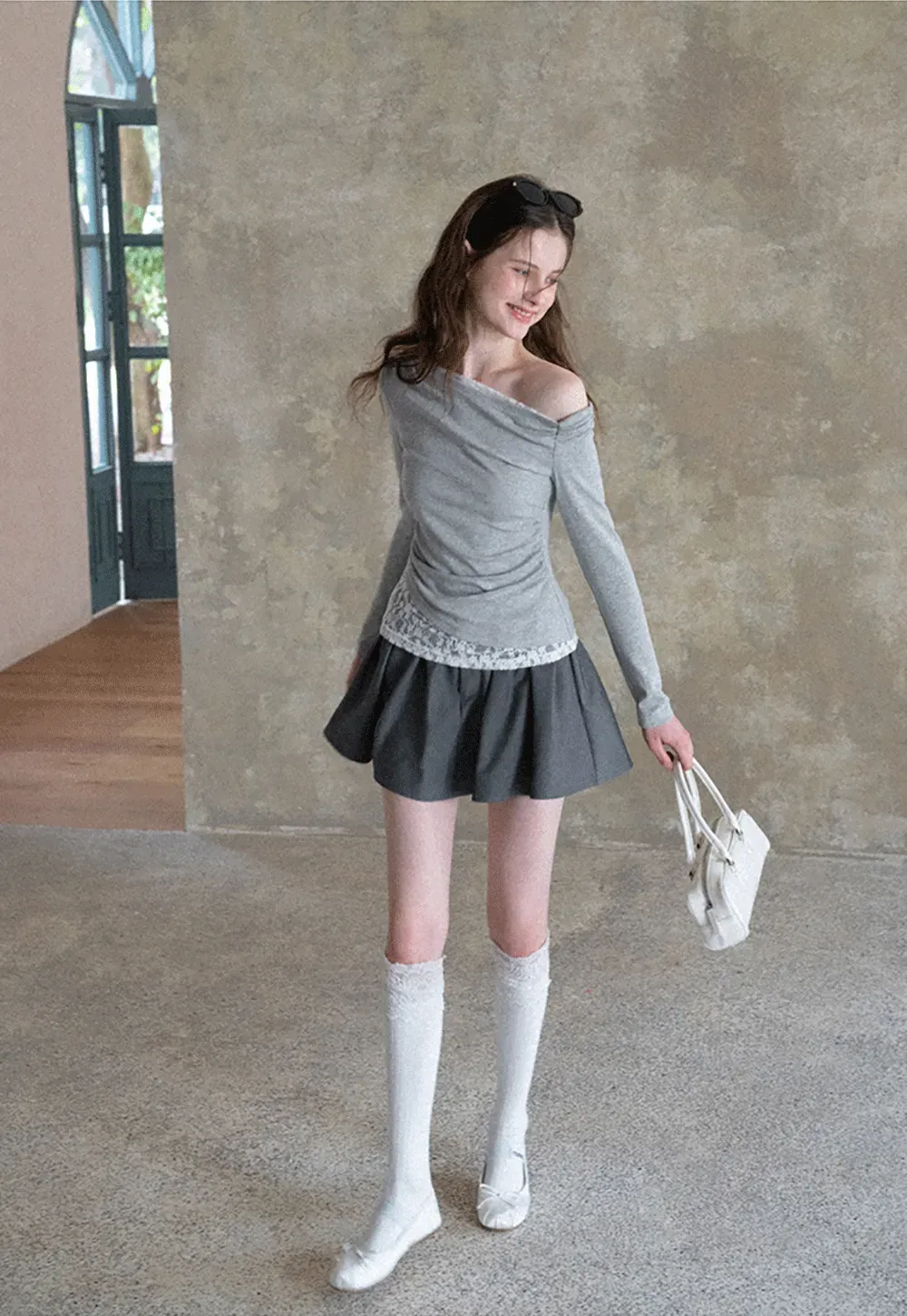 Off shoulder long sleeve top with lace trim